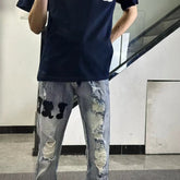 Men Jeans Washed Make Old Ripped Jeans Embroidered Slacks